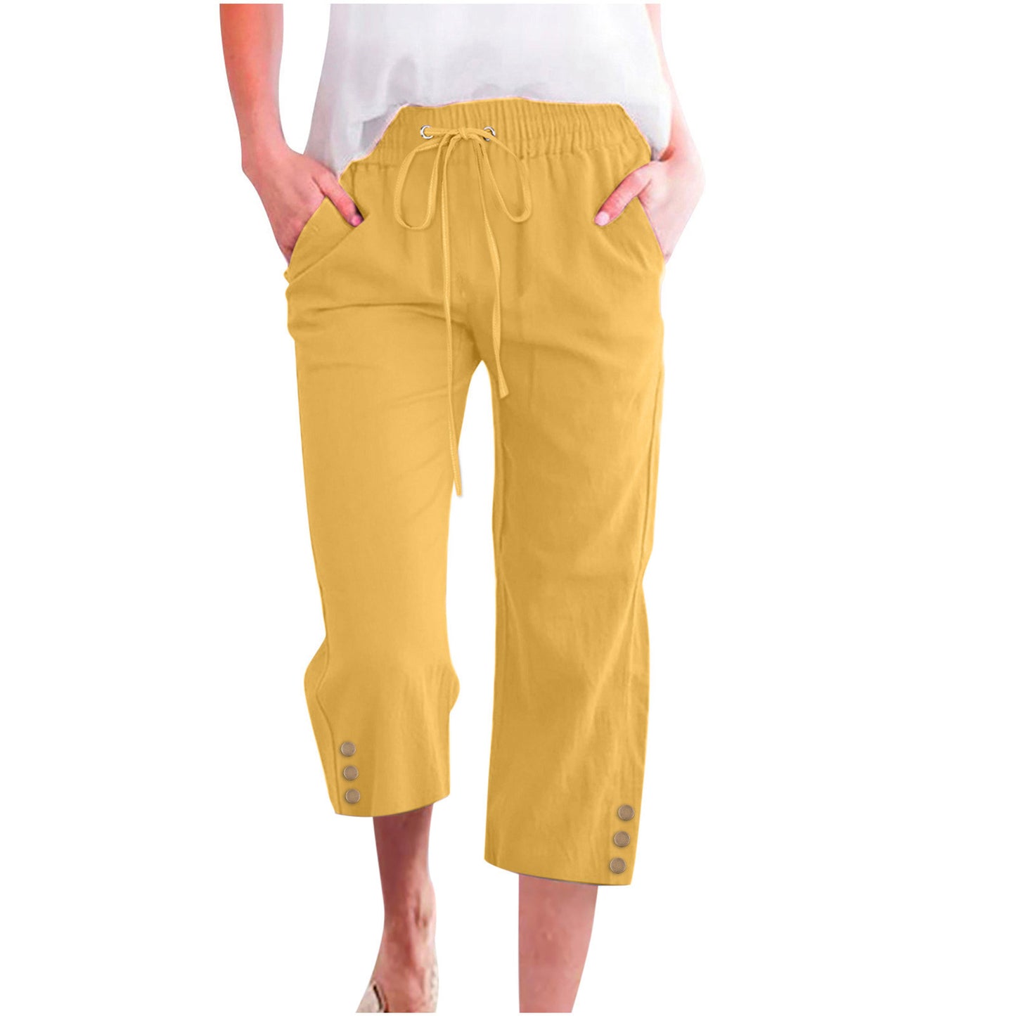Womens Solid-Colored Drawstring Cotton-Linen Casual Loose-Fit Home Cropped Pants With Buttons And Pockets