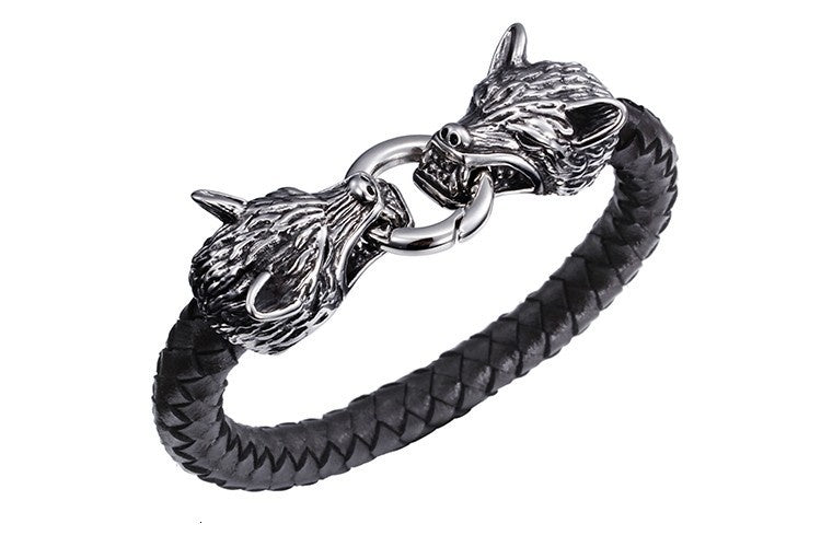 Men’s Wolf Head Bracelet – Stainless Steel & Leather, Bold Design