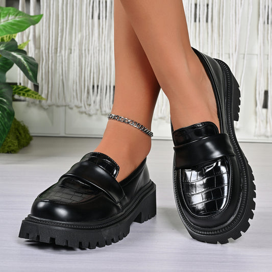 Womens Fashionable Plus-size Chunky-soled Leather Shoes