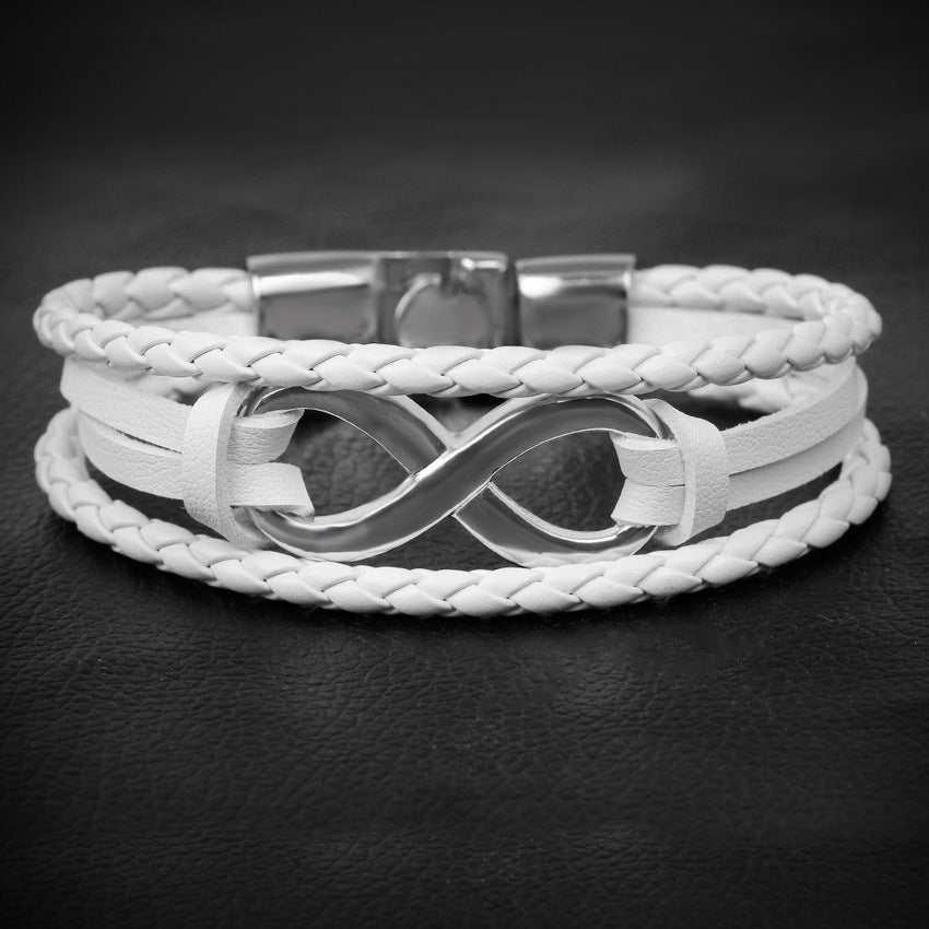 Stainless steel figure eight multi-layer leather braided bracelet