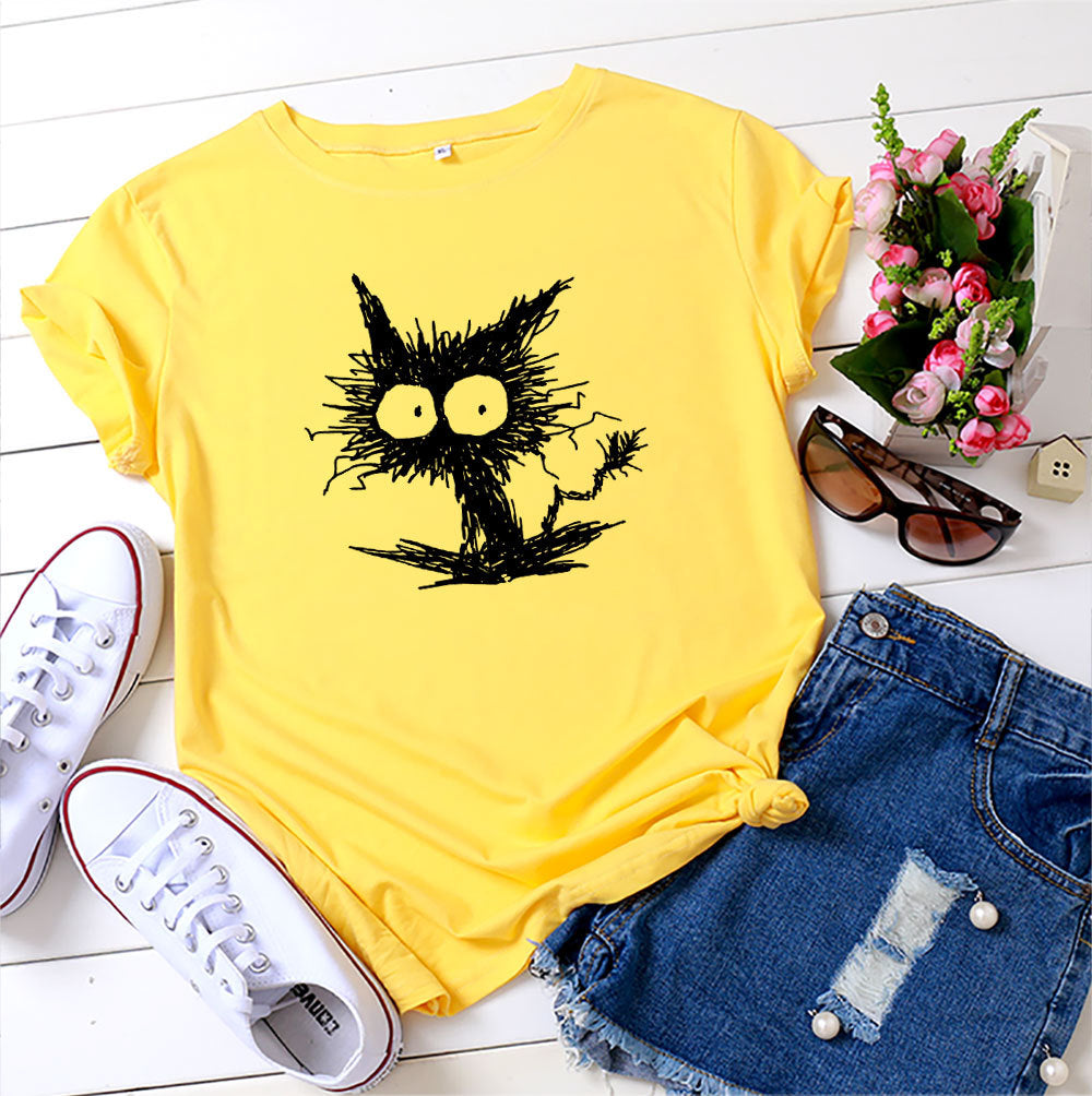 Women’s Cat Print Cotton T-Shirt – Blue/Black