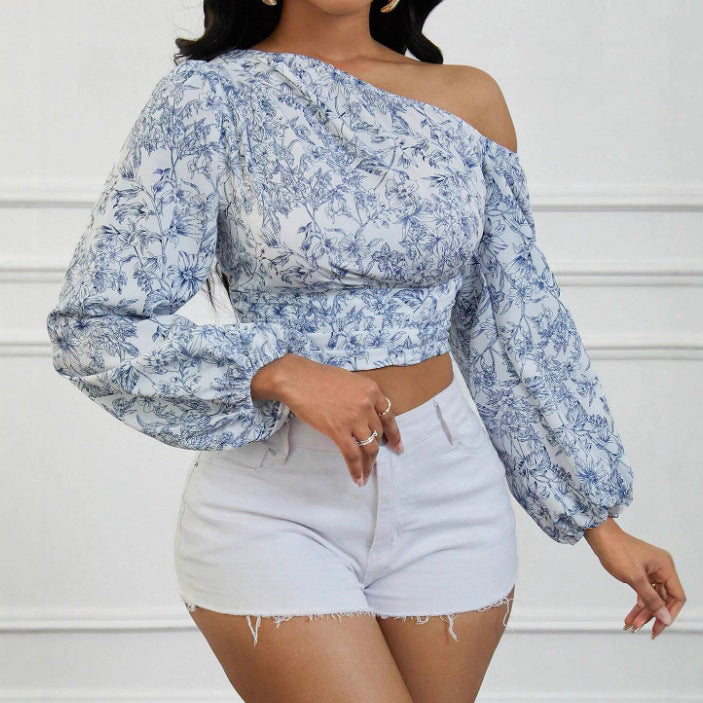 Women's Asymmetric Shoulder Puff Sleeve Shirt Autumn