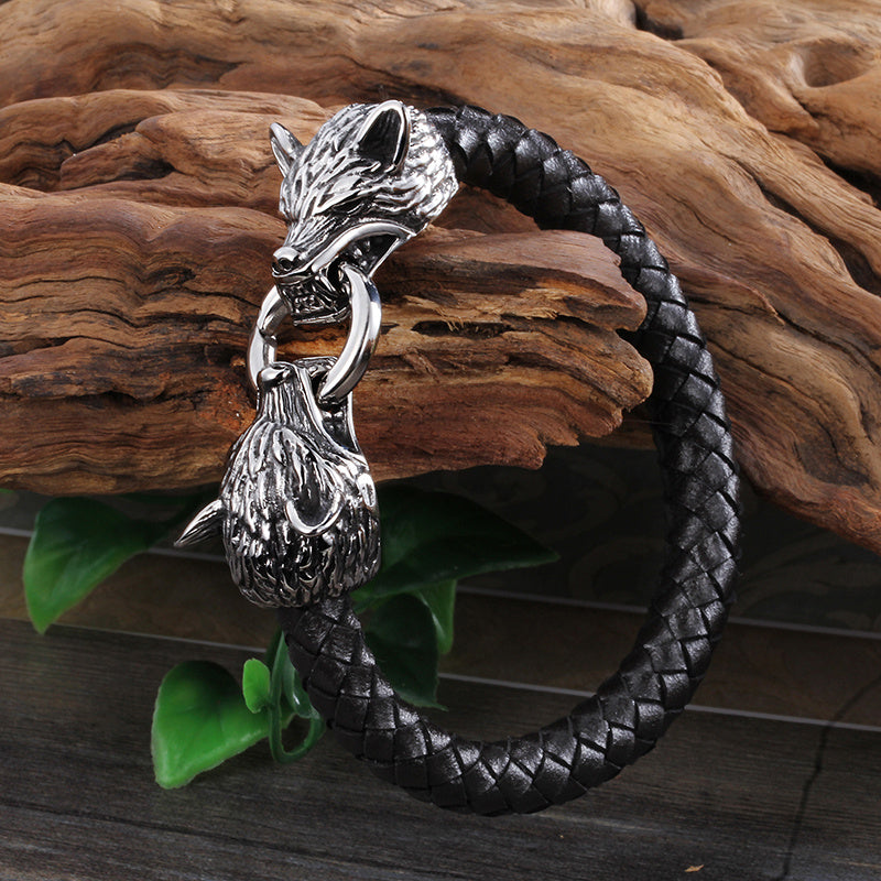 Men’s Wolf Head Bracelet – Stainless Steel & Leather, Bold Design