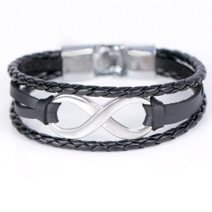 Stainless steel figure eight multi-layer leather braided bracelet