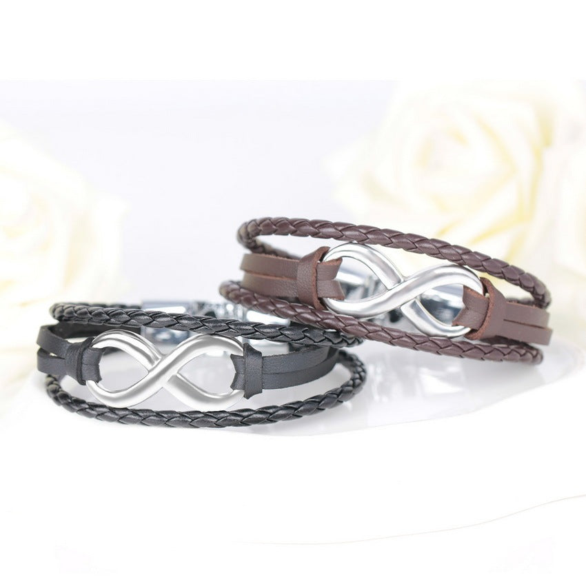 Stainless steel figure eight multi-layer leather braided bracelet