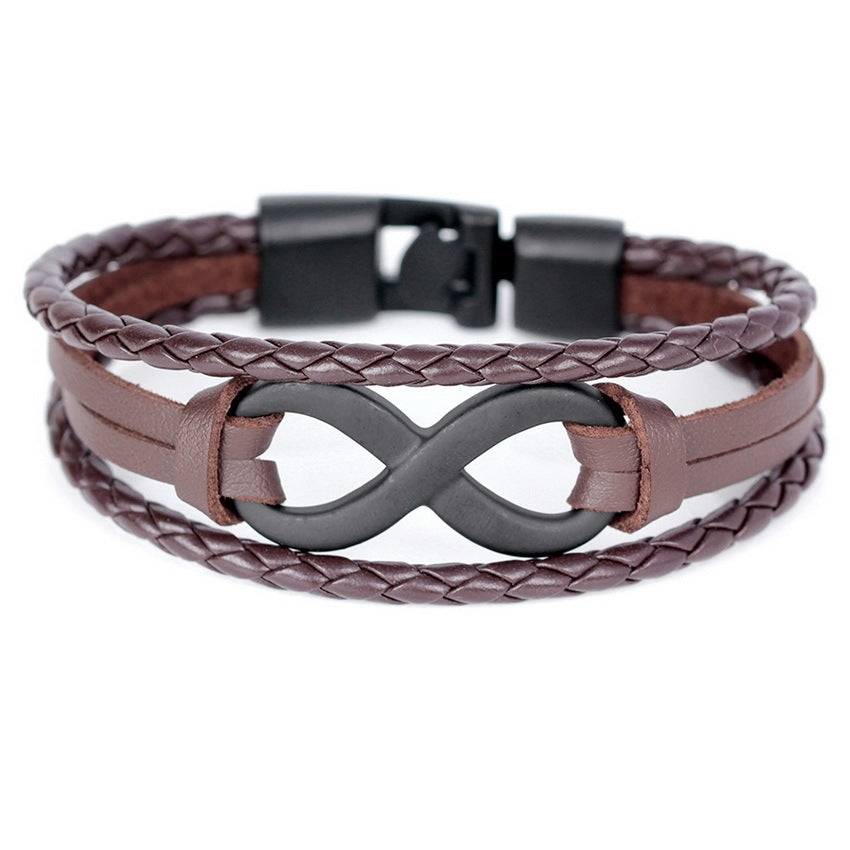 Stainless steel figure eight multi-layer leather braided bracelet