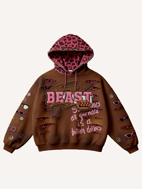 Retro-printed Long-sleeve Pullover Hoodie