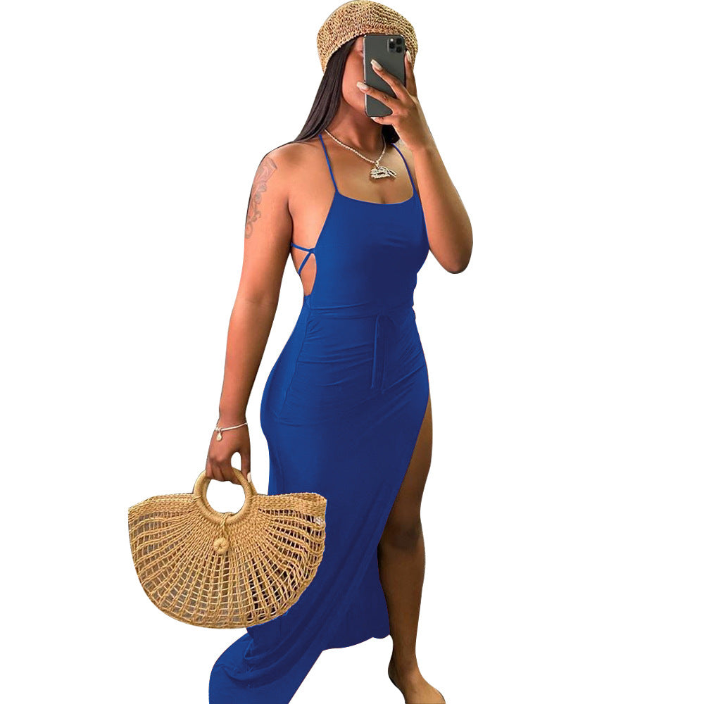 Backless High Split Maxi Dresses Sexy Club Outfits For Women Vacation Beach Clothes