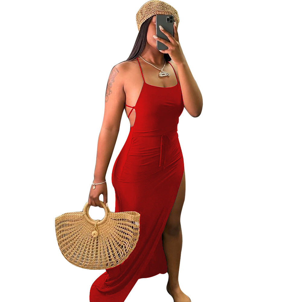 Backless High Split Maxi Dresses Sexy Club Outfits For Women Vacation Beach Clothes