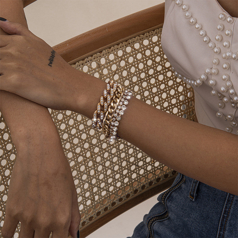 Fashion Trendy Women Full of Diamonds Cuban Buckle Bracelet