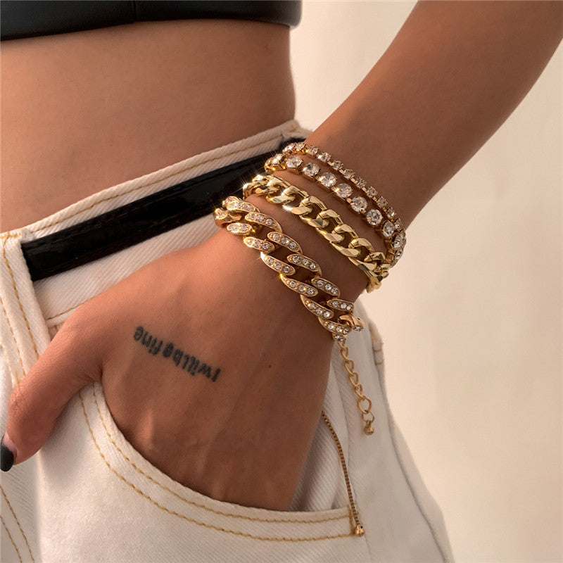 Fashion Trendy Women Full of Diamonds Cuban Buckle Bracelet
