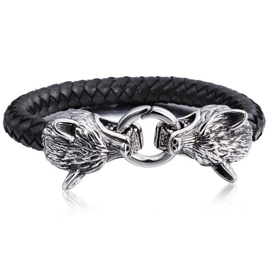 Men’s Wolf Head Bracelet – Stainless Steel & Leather, Bold Design