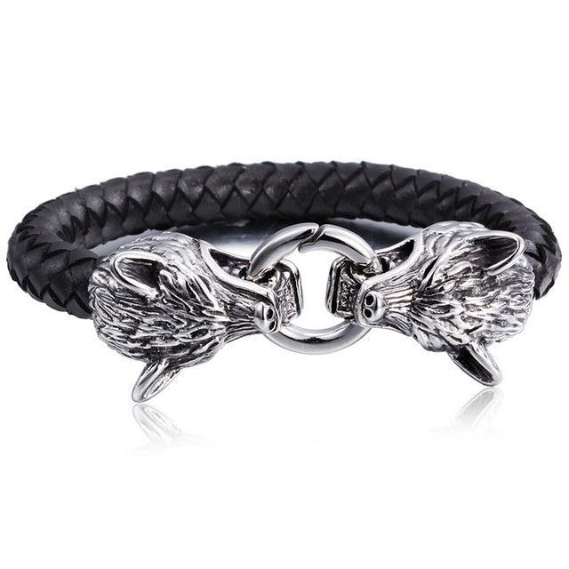 Men’s Wolf Head Bracelet – Stainless Steel & Leather, Bold Design