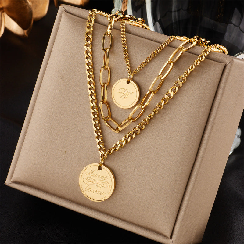 Multi-layer Stacked Niche High-end 18K Goldplated Titanium Steel Clavicle Chain