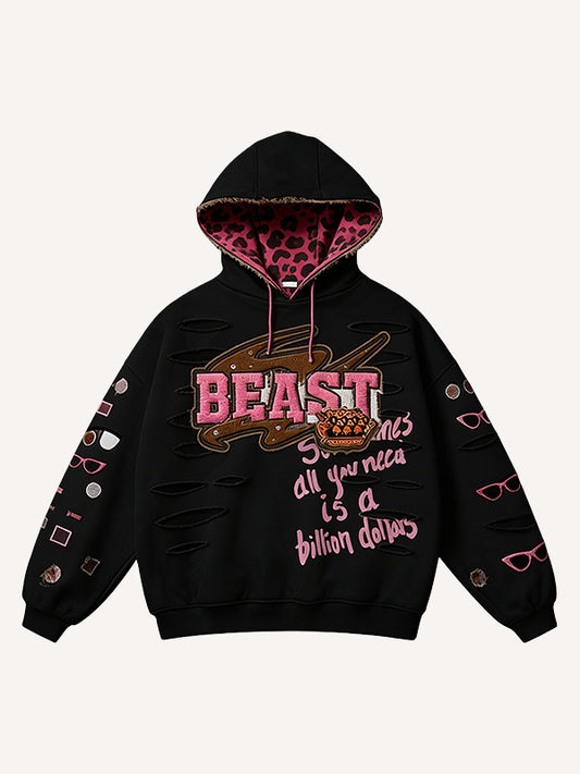Retro-printed Long-sleeve Pullover Hoodie