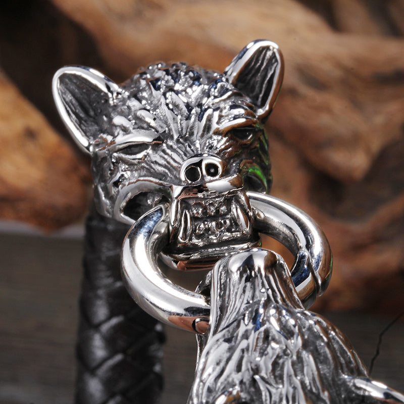 Men’s Wolf Head Bracelet – Stainless Steel & Leather, Bold Design