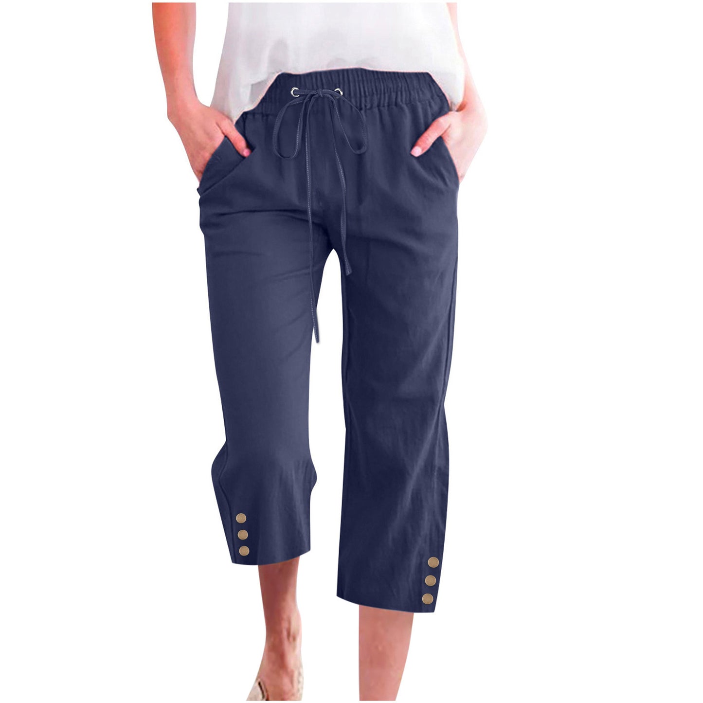 Womens Solid-Colored Drawstring Cotton-Linen Casual Loose-Fit Home Cropped Pants With Buttons And Pockets