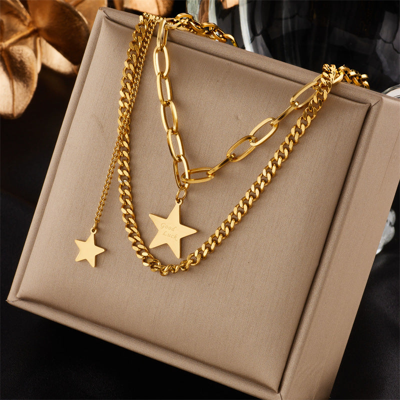 Multi-layer Stacked Niche High-end 18K Goldplated Titanium Steel Clavicle Chain