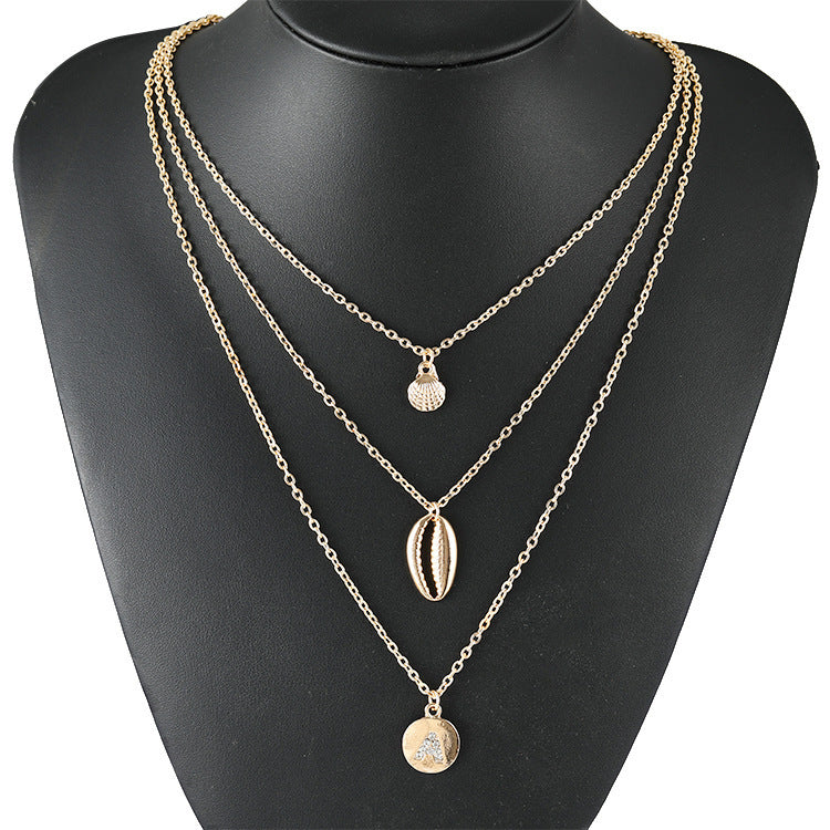 Fashionable Simple Shell Inlaid Diamond Letter A Three Layer Necklace