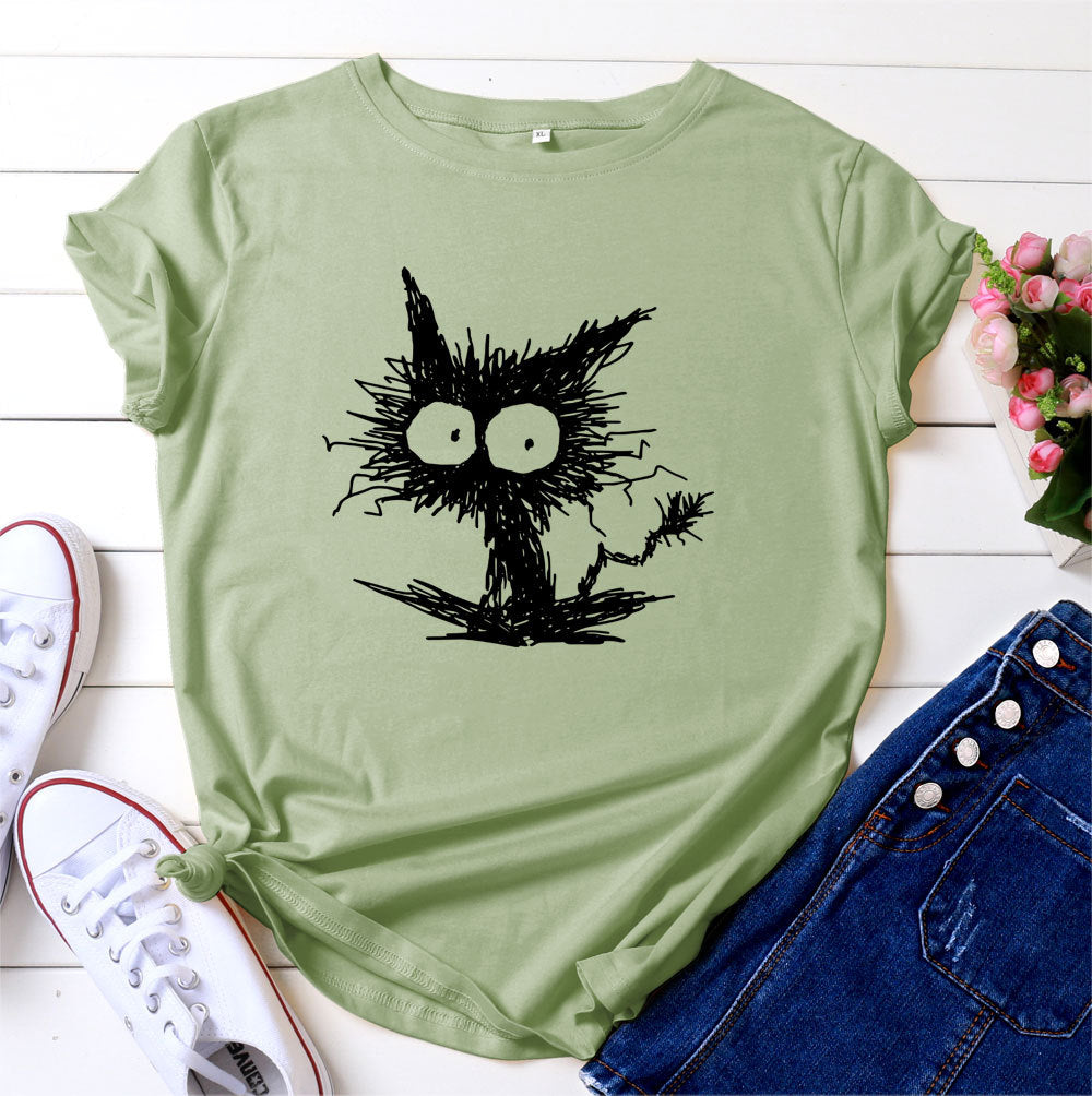 Women’s Cat Print Cotton T-Shirt – Blue/Black