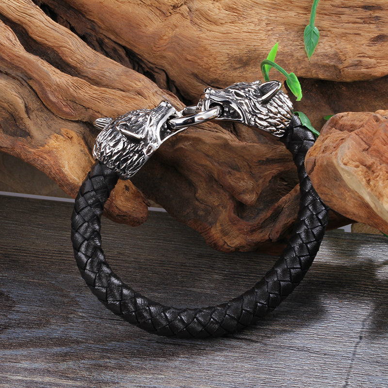 Men’s Wolf Head Bracelet – Stainless Steel & Leather, Bold Design