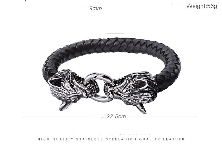 Men’s Wolf Head Bracelet – Stainless Steel & Leather, Bold Design