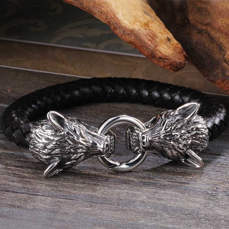Men’s Wolf Head Bracelet – Stainless Steel & Leather, Bold Design