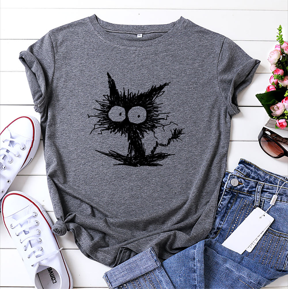 Women’s Cat Print Cotton T-Shirt – Blue/Black