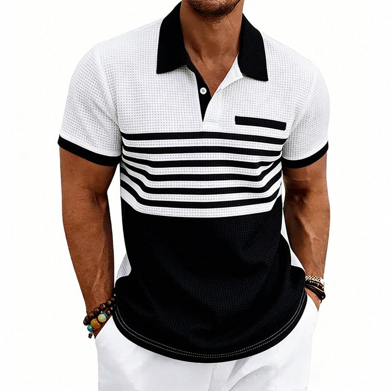 Men's Casual Waffle-Stripe Short-Sleeve Polo Shirt