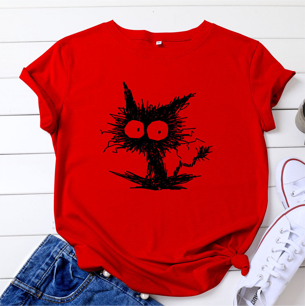 Women’s Cat Print Cotton T-Shirt – Blue/Black