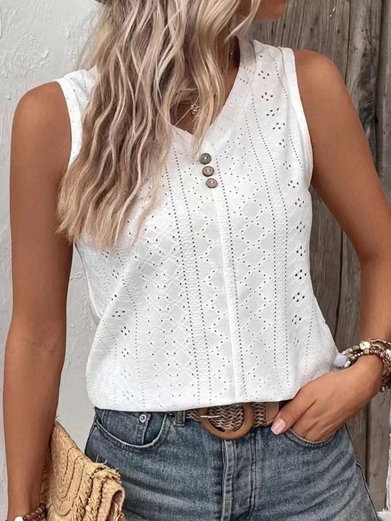 Solid-color Casual Round-neck Button-back Tank Top T-shirt