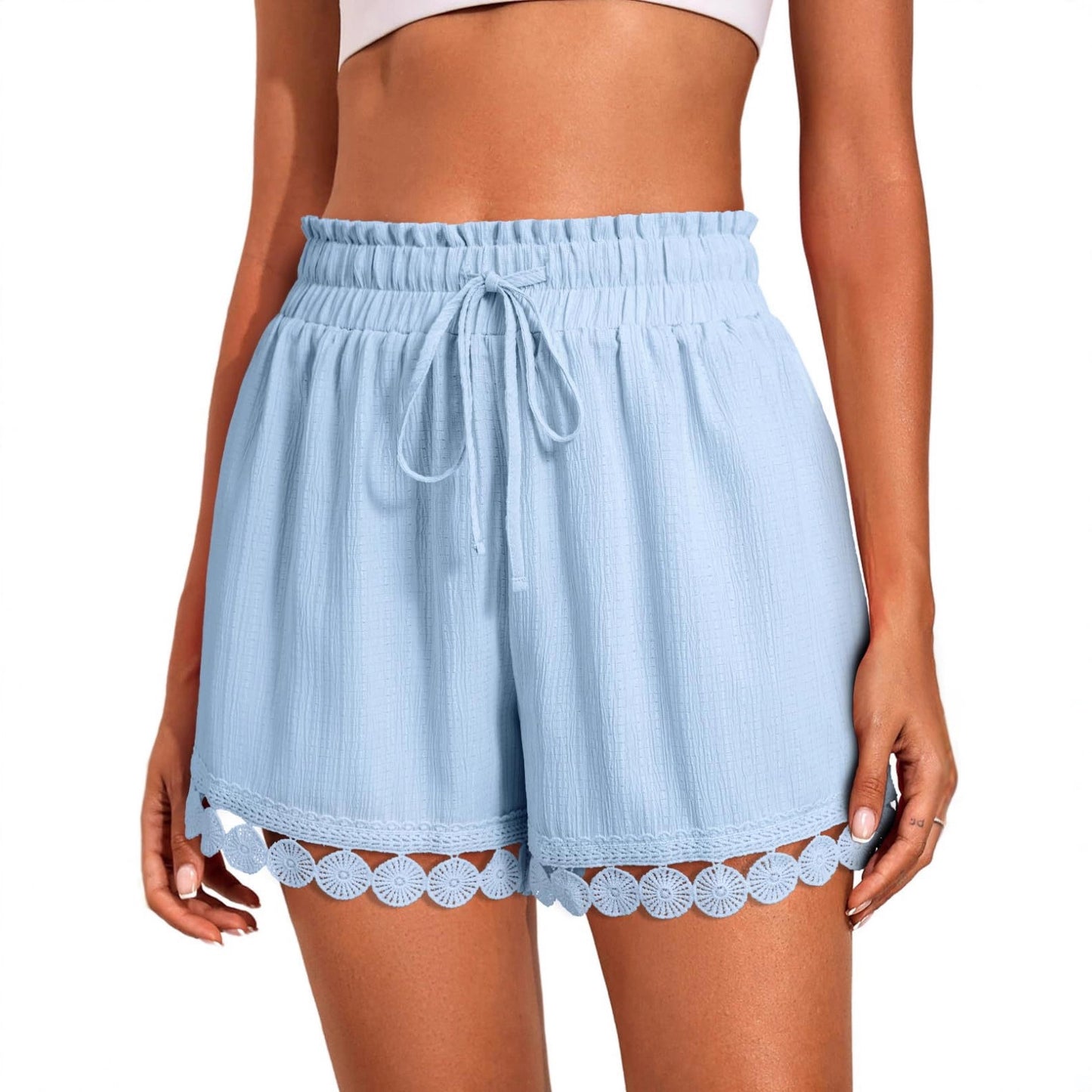 Fashionable Lace-trimmed Beach Casual Loose Lace-up Shorts
