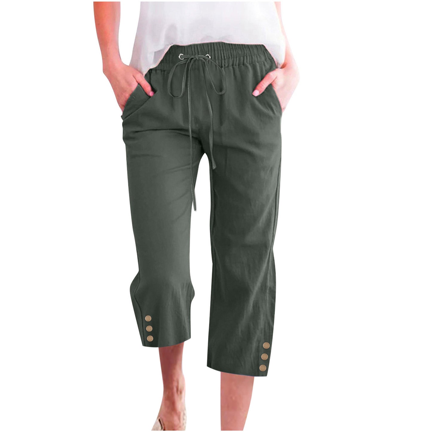 Womens Solid-Colored Drawstring Cotton-Linen Casual Loose-Fit Home Cropped Pants With Buttons And Pockets