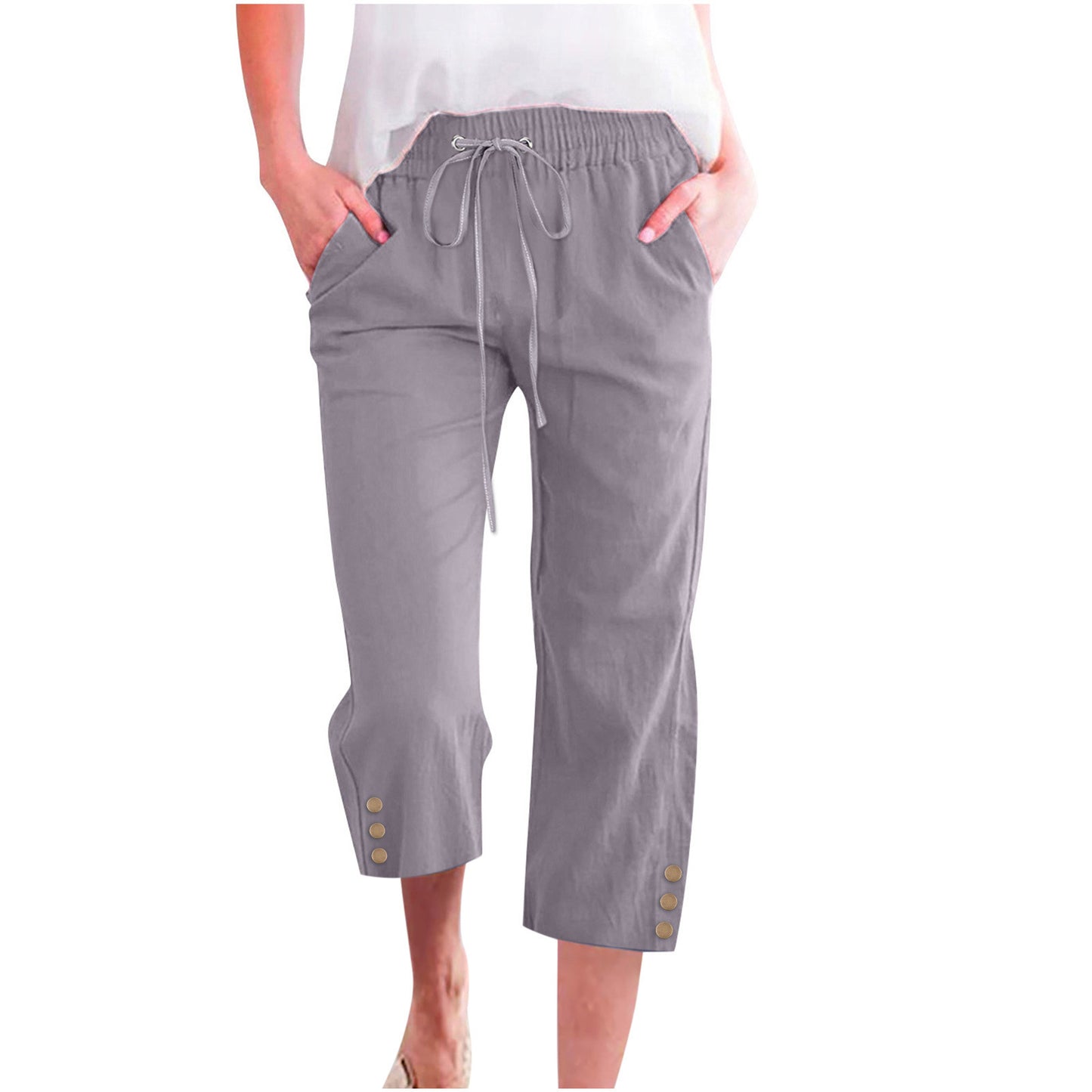 Womens Solid-Colored Drawstring Cotton-Linen Casual Loose-Fit Home Cropped Pants With Buttons And Pockets