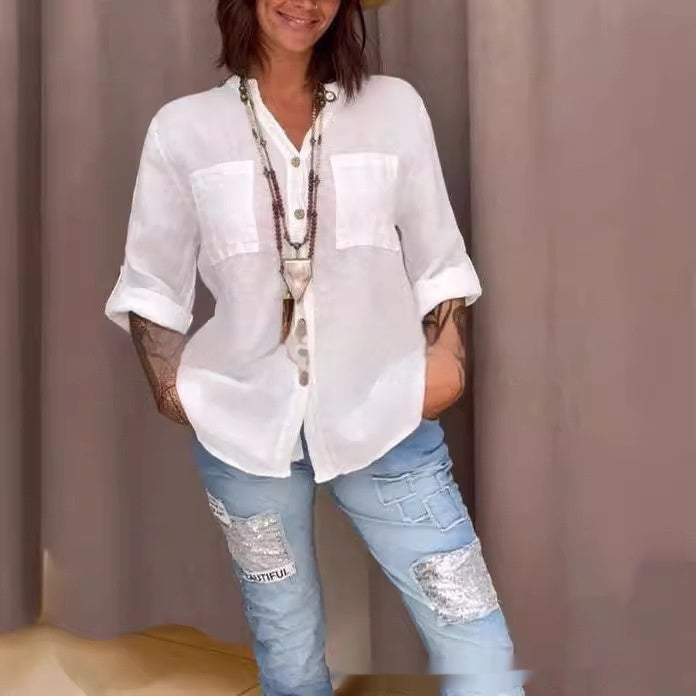 Women's Casual V-Neck Three-Quarter Sleeve Shirt