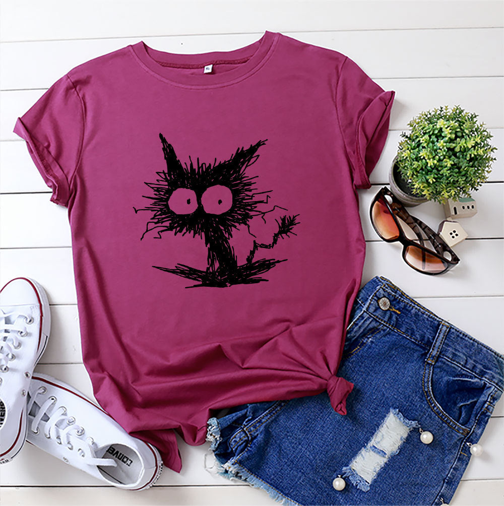 Women’s Cat Print Cotton T-Shirt – Blue/Black