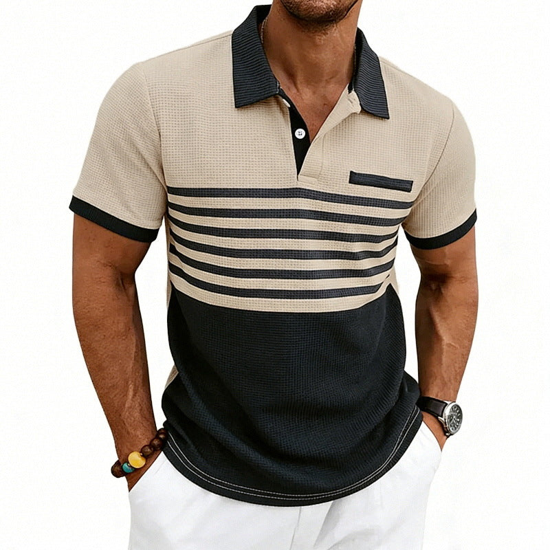 Men's Casual Waffle-Stripe Short-Sleeve Polo Shirt