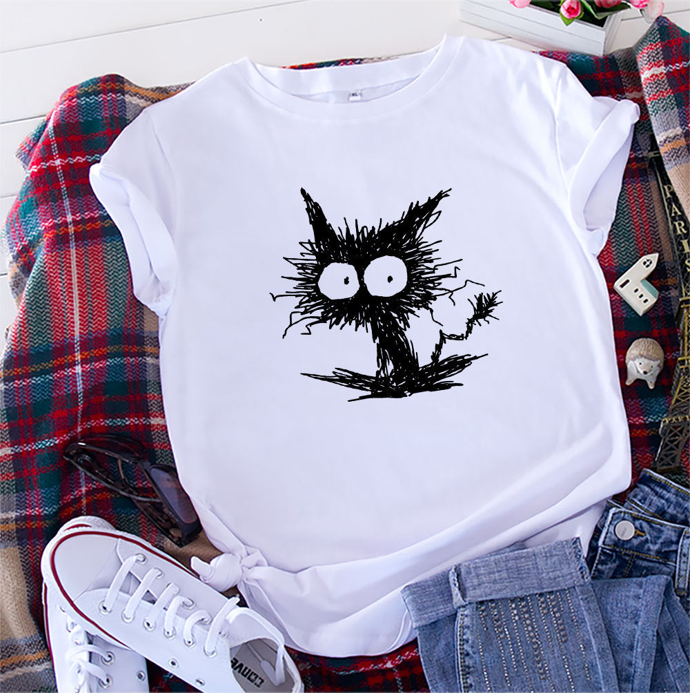 Women’s Cat Print Cotton T-Shirt – Blue/Black