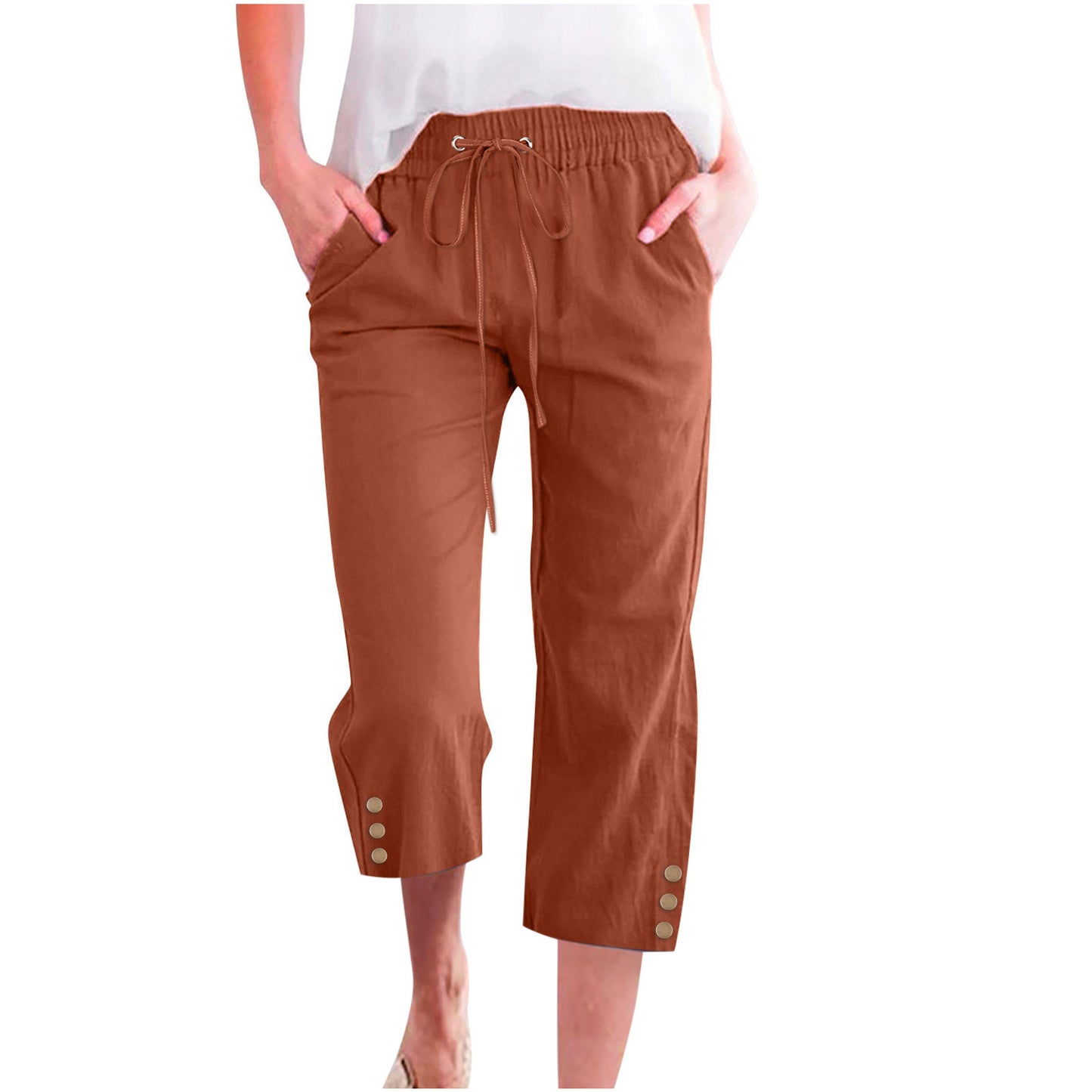 Womens Solid-Colored Drawstring Cotton-Linen Casual Loose-Fit Home Cropped Pants With Buttons And Pockets