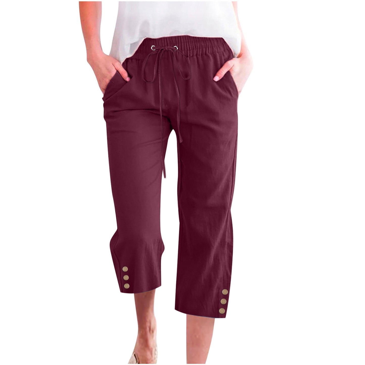 Womens Solid-Colored Drawstring Cotton-Linen Casual Loose-Fit Home Cropped Pants With Buttons And Pockets