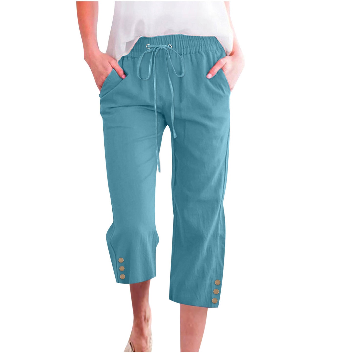Womens Solid-Colored Drawstring Cotton-Linen Casual Loose-Fit Home Cropped Pants With Buttons And Pockets
