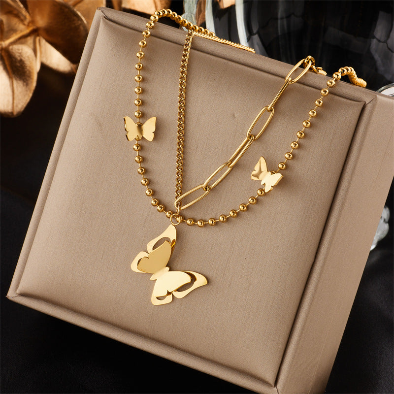 Multi-layer Stacked Niche High-end 18K Goldplated Titanium Steel Clavicle Chain