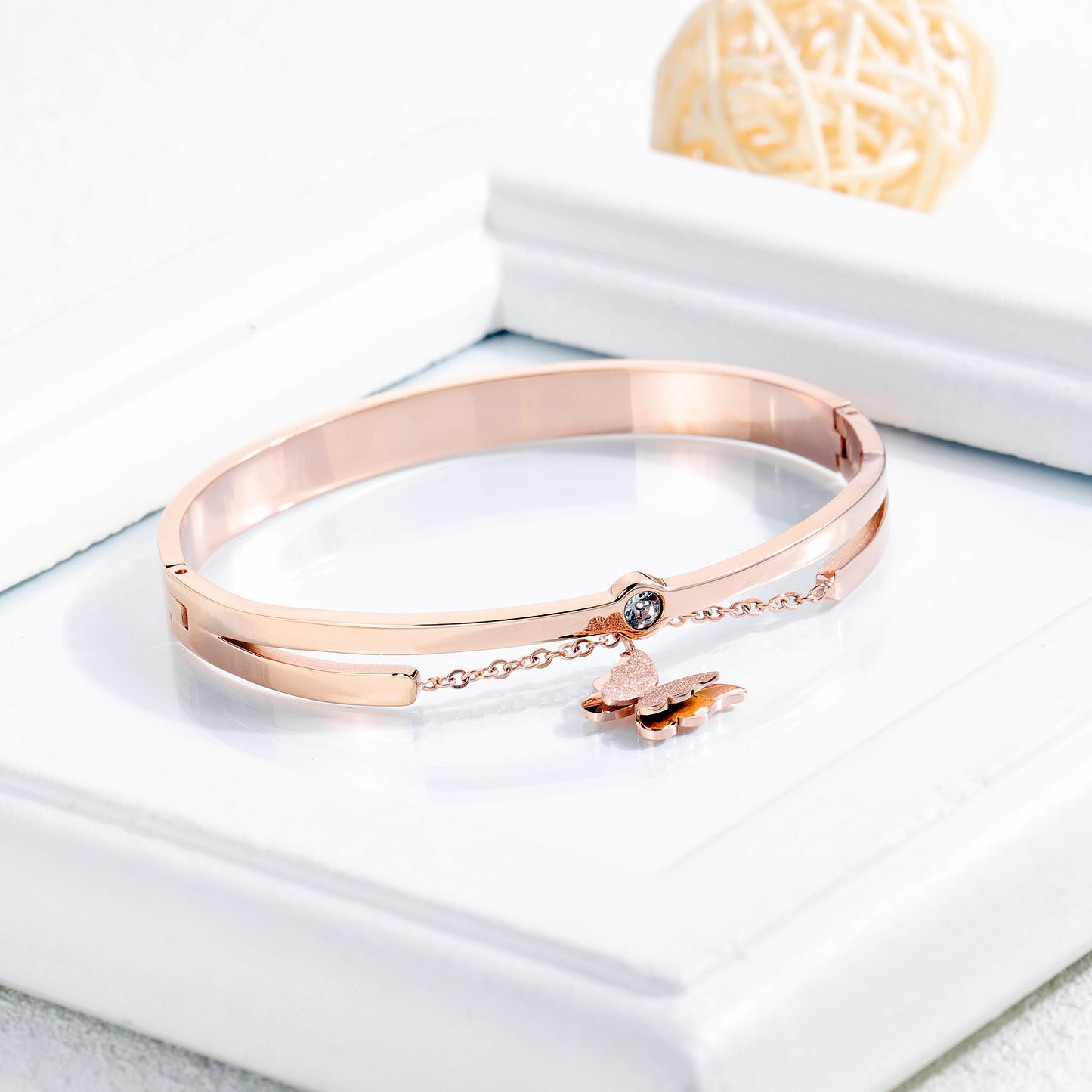 Diamond Butterfly -Plated Rose Gold Bracelet – Elegant Women’s Jewelry