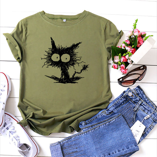Women’s Cat Print Cotton T-Shirt – Blue/Black