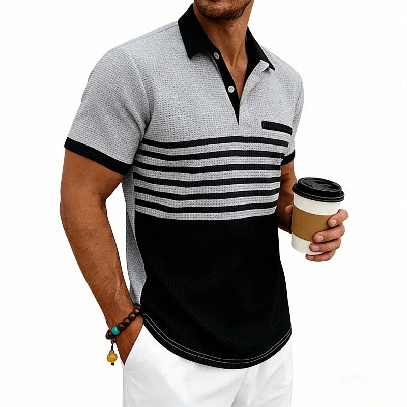 Men's Casual Waffle-Stripe Short-Sleeve Polo Shirt