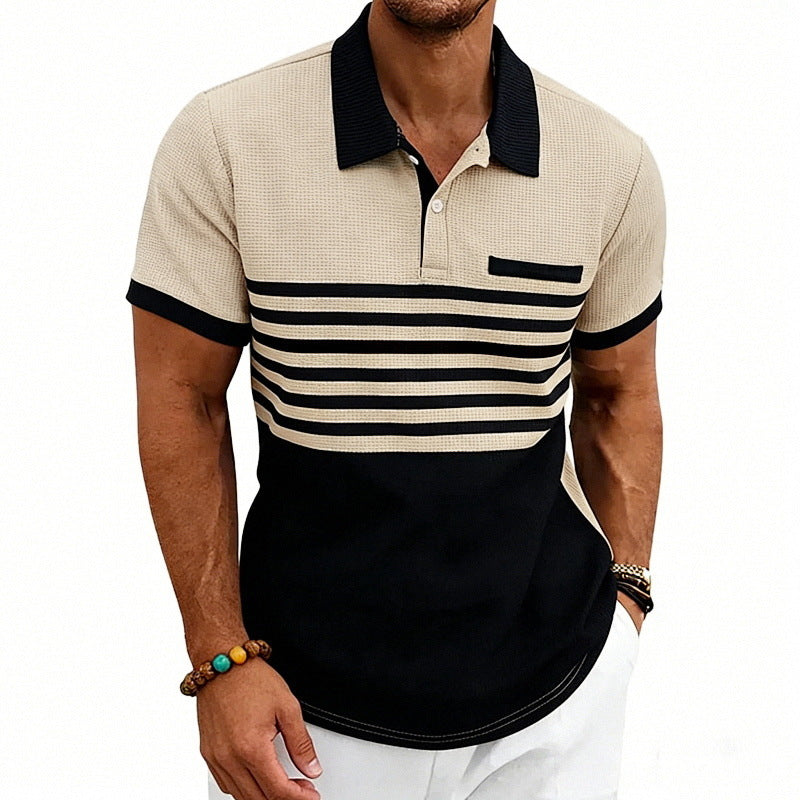Men's Casual Waffle-Stripe Short-Sleeve Polo Shirt