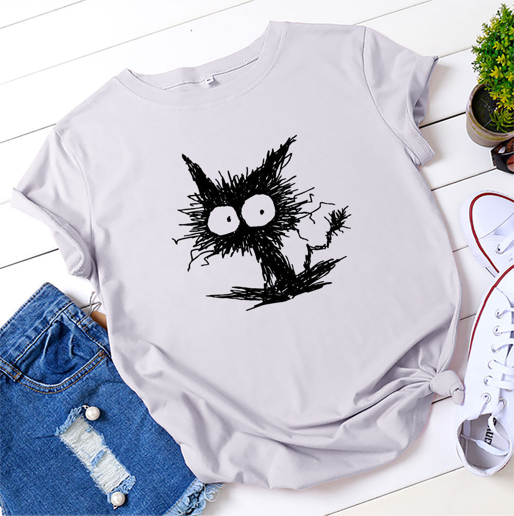 Women’s Cat Print Cotton T-Shirt – Blue/Black