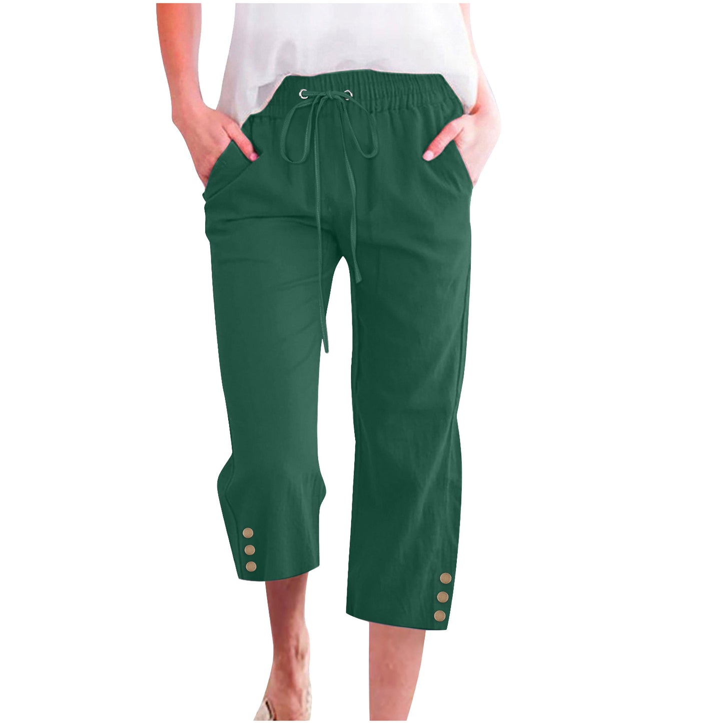 Womens Solid-Colored Drawstring Cotton-Linen Casual Loose-Fit Home Cropped Pants With Buttons And Pockets