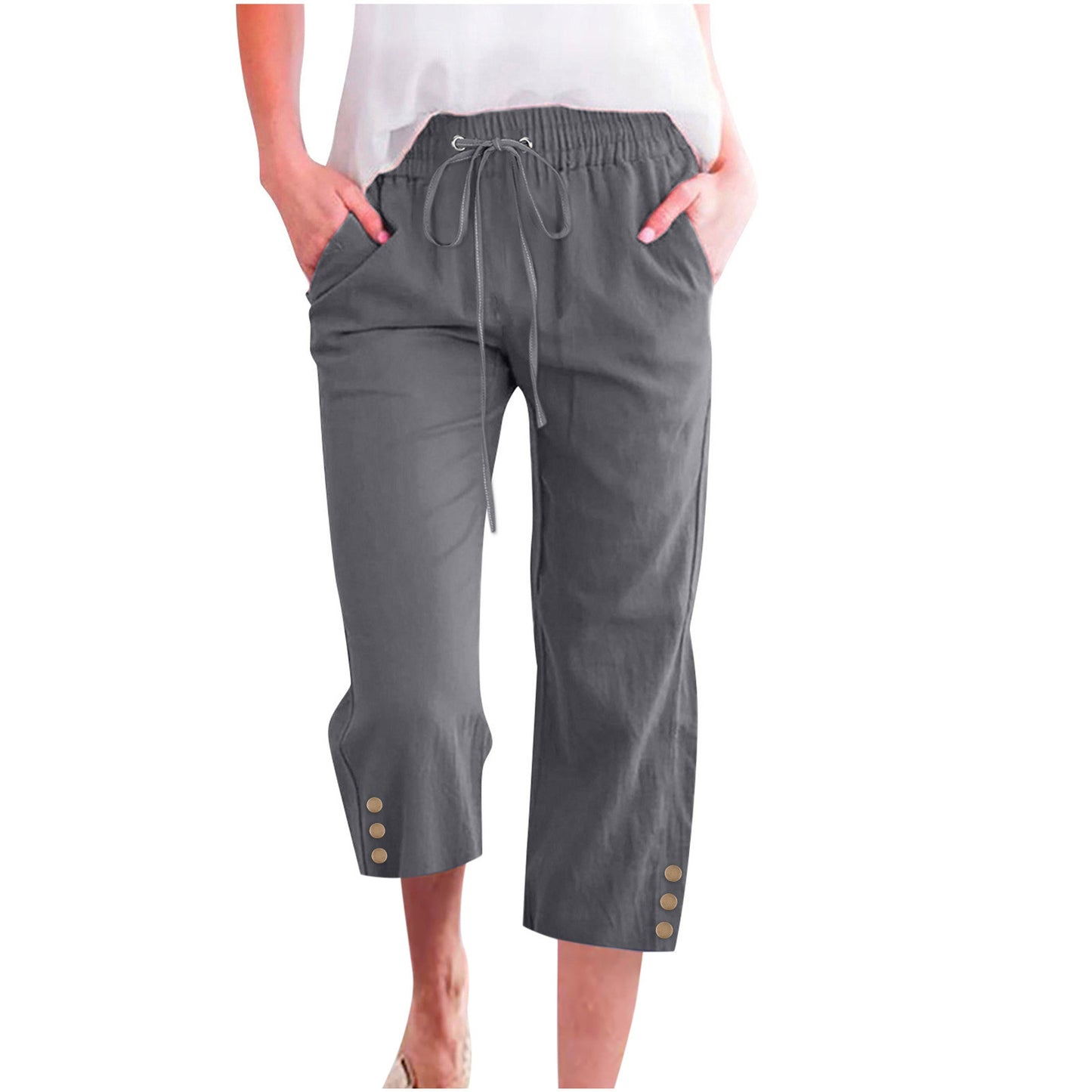 Womens Solid-Colored Drawstring Cotton-Linen Casual Loose-Fit Home Cropped Pants With Buttons And Pockets