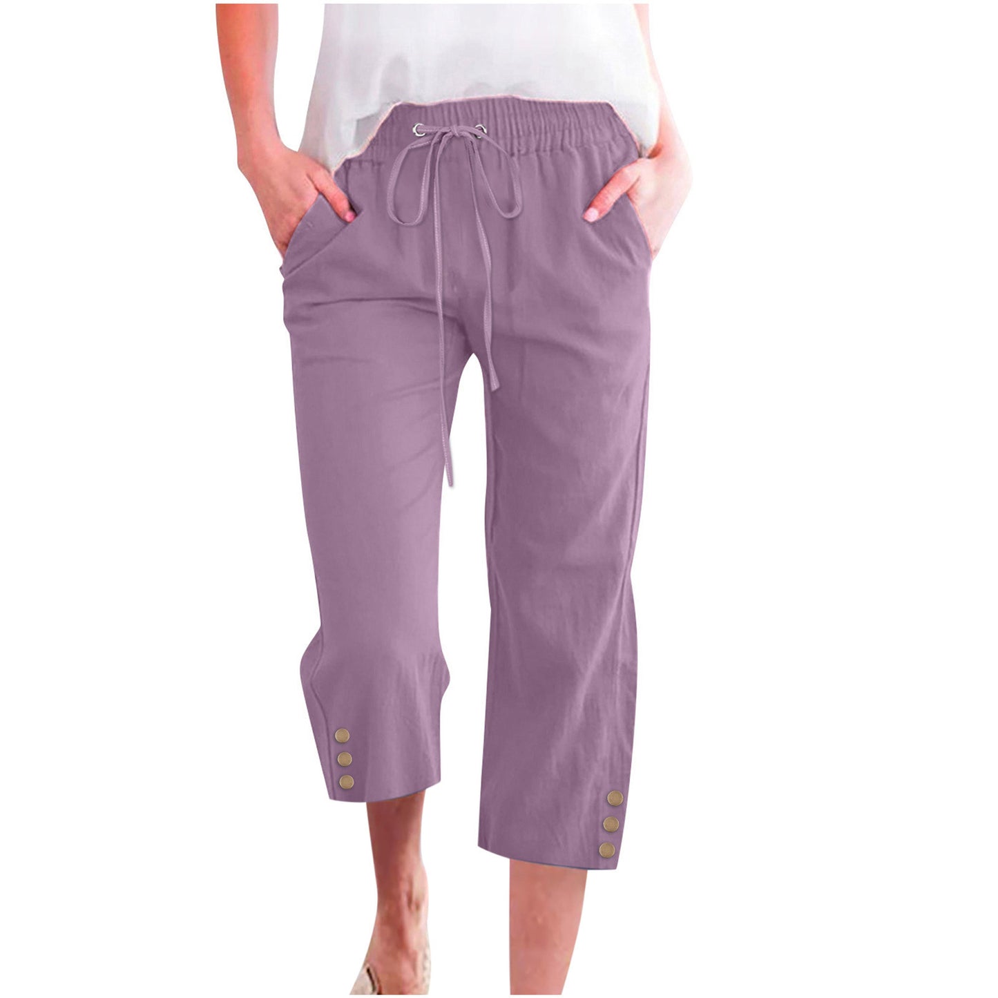 Womens Solid-Colored Drawstring Cotton-Linen Casual Loose-Fit Home Cropped Pants With Buttons And Pockets